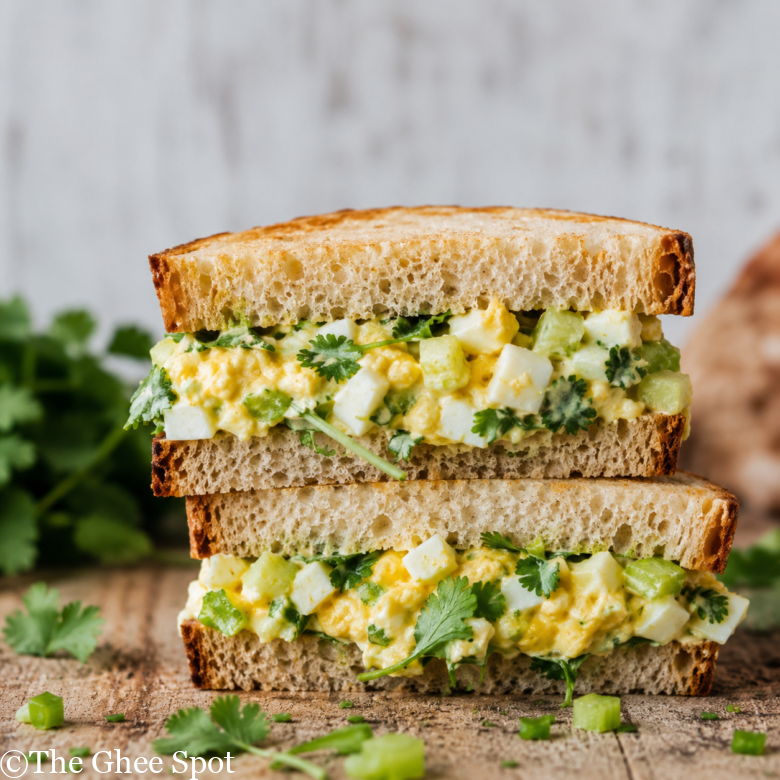 Creamy egg salad with curry spice, cilantro, and celery.