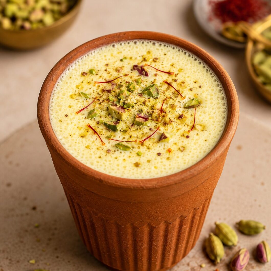 Traditional Punjabi lassi with pistachio, cardamom, and saffron.