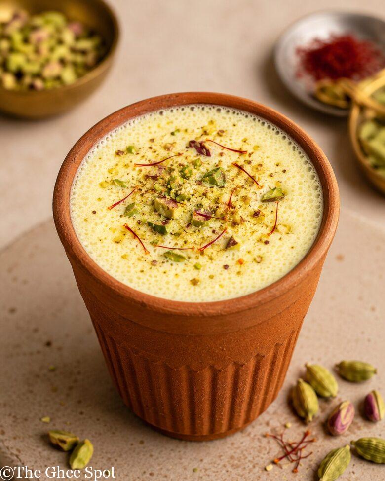 Traditional Punjabi lassi with pistachio, cardamom, and saffron.