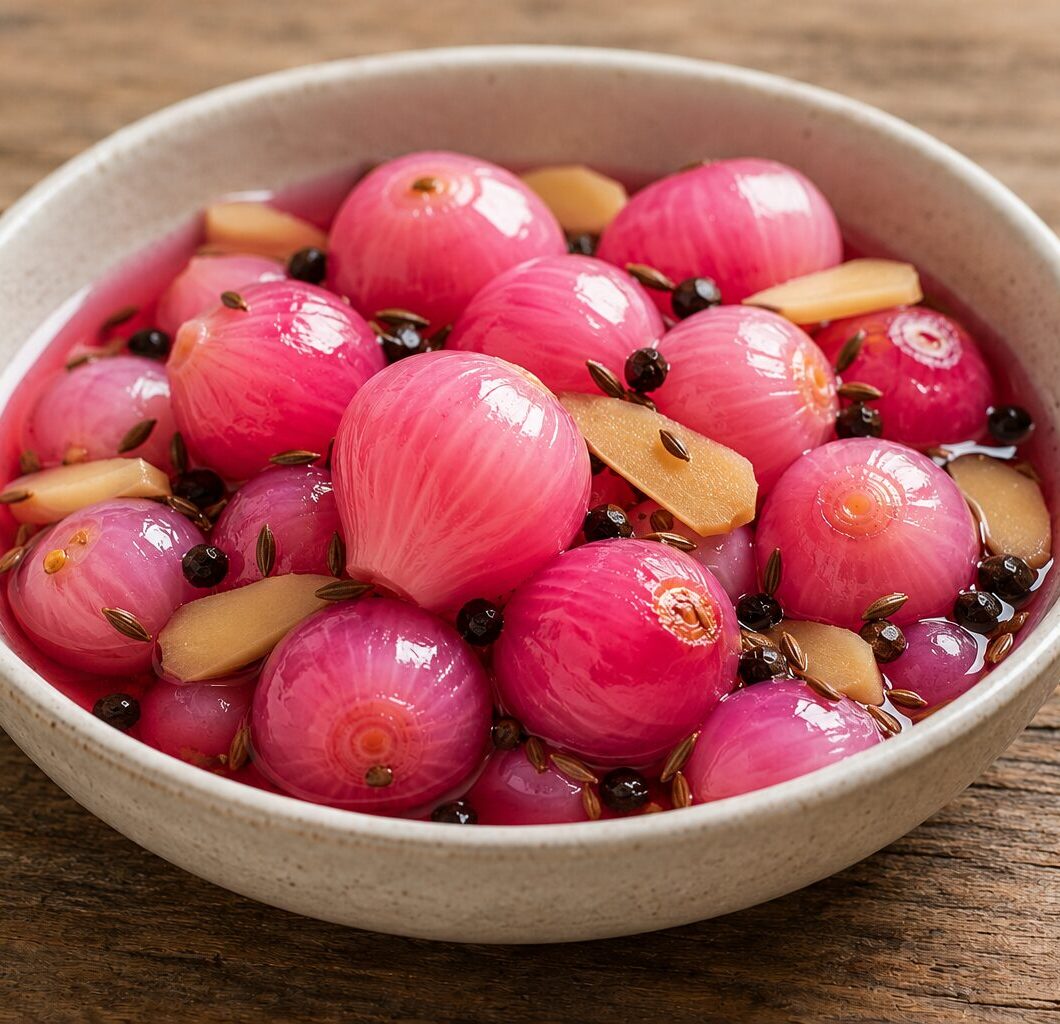 Pickled red pearl onions with cumin, ginger, and peppercorn