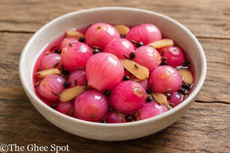Pickled red pearl onions with cumin, ginger, and peppercorn