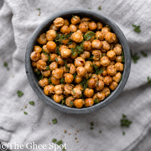 Spiced roasted garbanzo beans are a delicious snack.