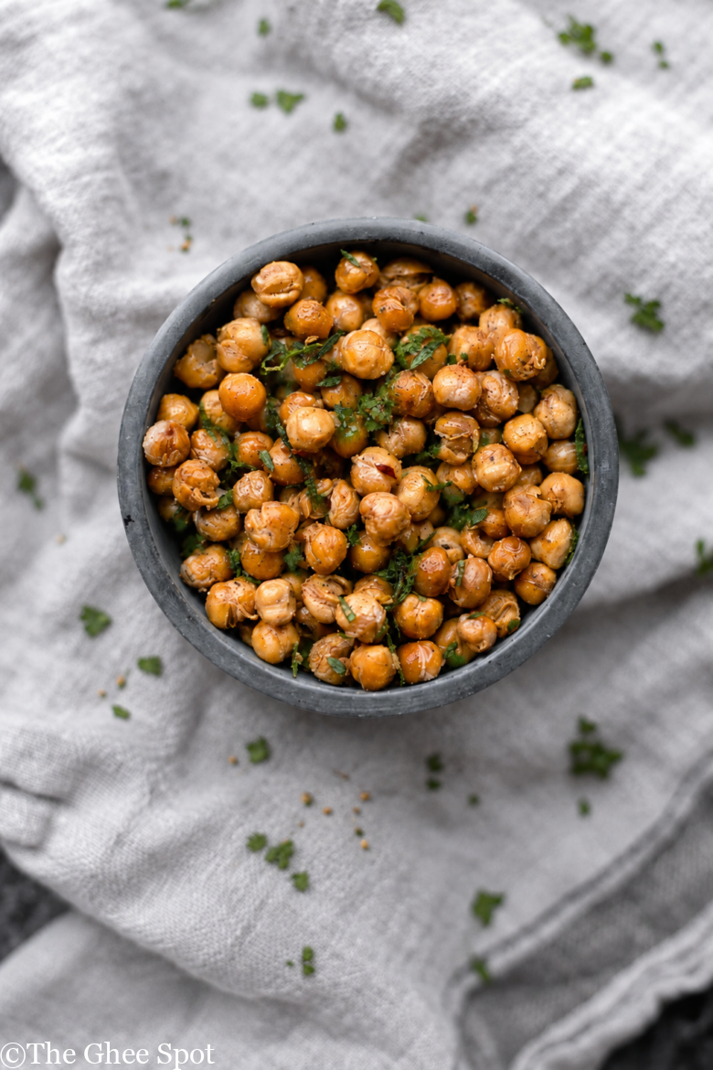 Spiced roasted garbanzo beans are a delicious snack.