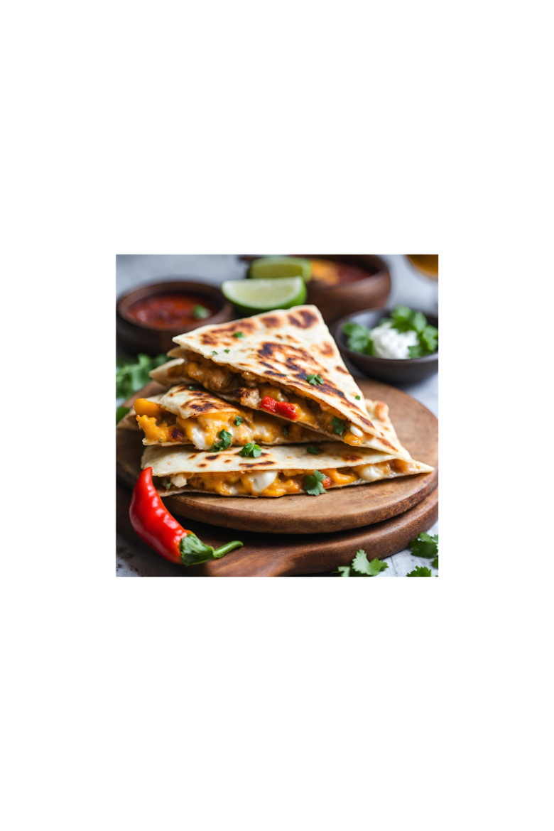 Crisp, pan friend cheesy parantha quesadilla with chicken, grilled bell peppers, and cilantro.