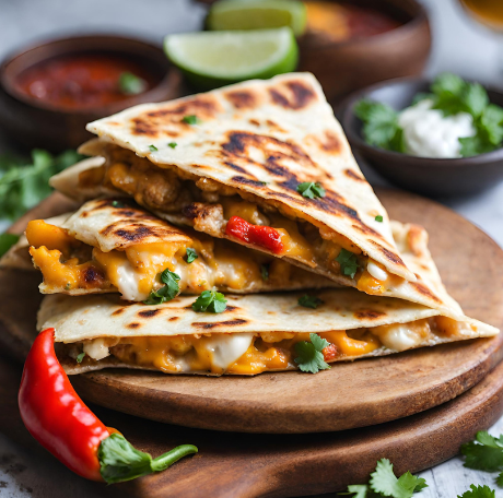 Crisp, pan friend cheesy parantha quesadilla with chicken, grilled bell peppers, and cilantro.