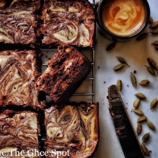 Sweet, moist, and chocolaty fudge cardamom cream cheese brownies with walnuts.
