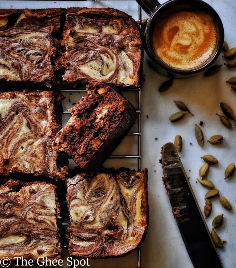 Sweet, moist, and chocolaty fudge cardamom cream cheese brownies with walnuts.