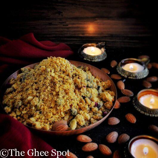 Panjiri is roasted gram flour with butter, sugar, cardamom, nuts, and dried fruits. It's perfect to keep you warm this winter.