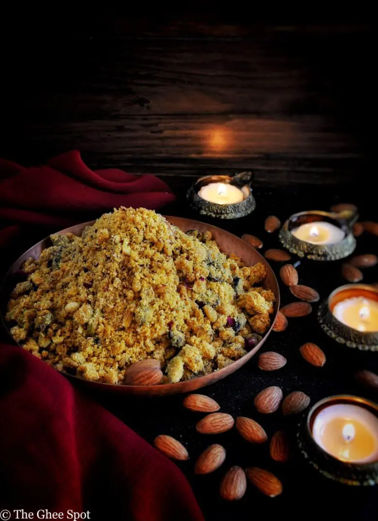 Panjiri is roasted gram flour with butter, sugar, cardamom, nuts, and dried fruits. It's perfect to keep you warm this winter.
