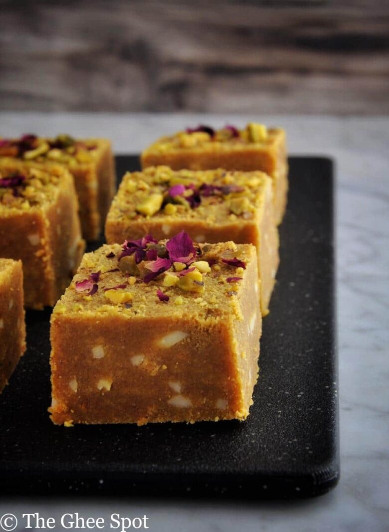 Besan barfi is the perfect Diwali sweet. Roasted gram flour, sugar, cardamom, almonds, pistachios, and butter.