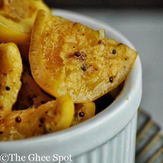Nimbu da achar or lemon pickle, is tangy, savory, with a hint of spice from the ginger, chilies, and mustard seed. It's the perfect Punjabi condiment