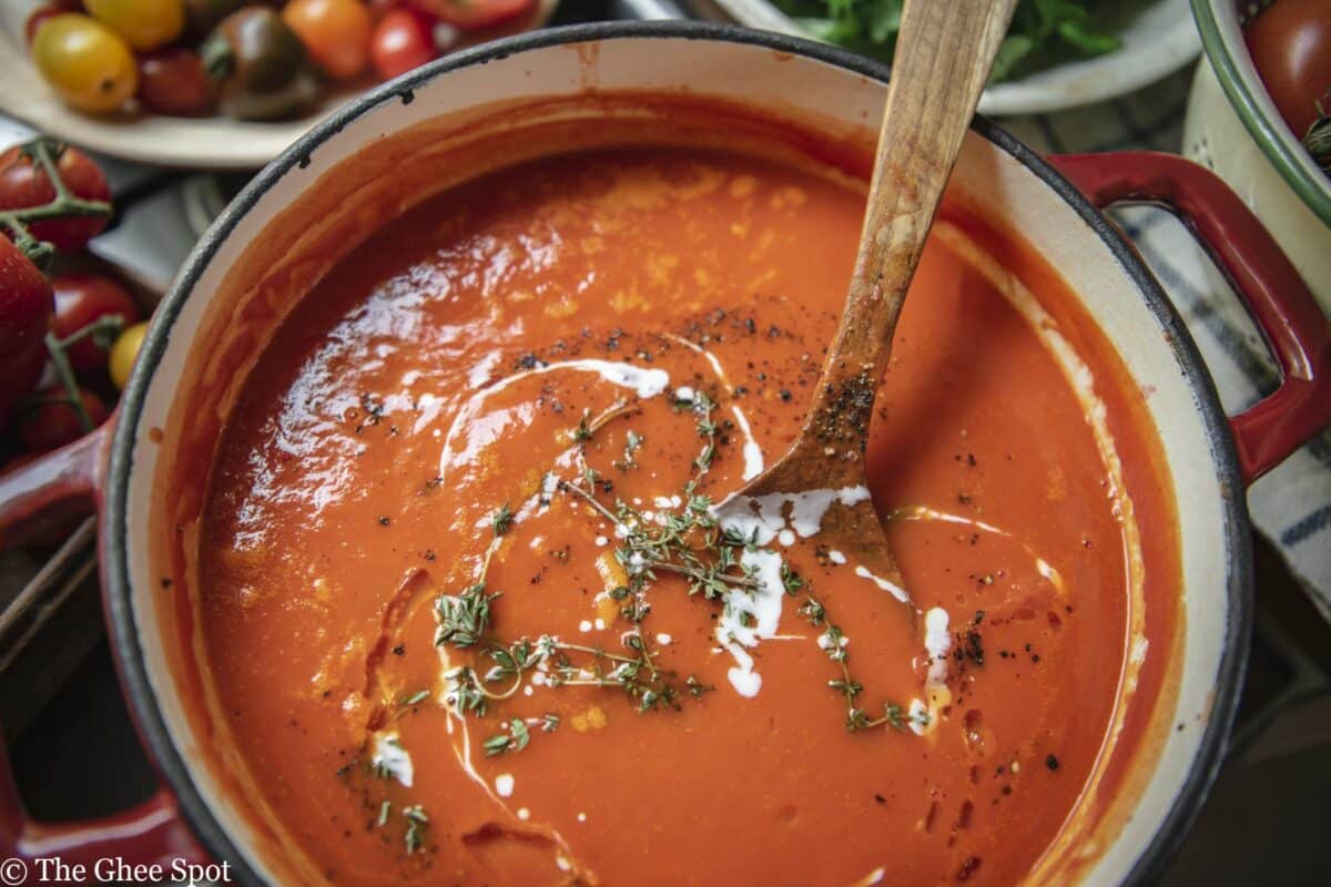 Roasted Bell Pepper Soup with Serrano Creme Fraiche. Savory, hearty, and delicious.