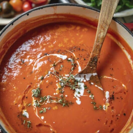 Roasted Bell Pepper Soup with Serrano Creme Fraiche. Savory, hearty, and delicious.