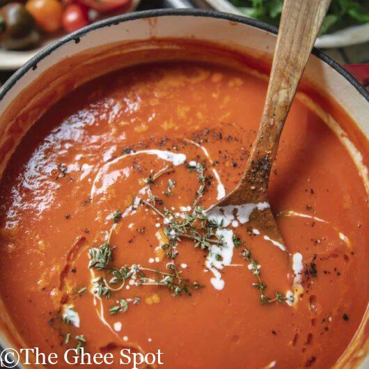 Roasted Bell Pepper Soup with Serrano Creme Fraiche. Savory, hearty, and delicious.