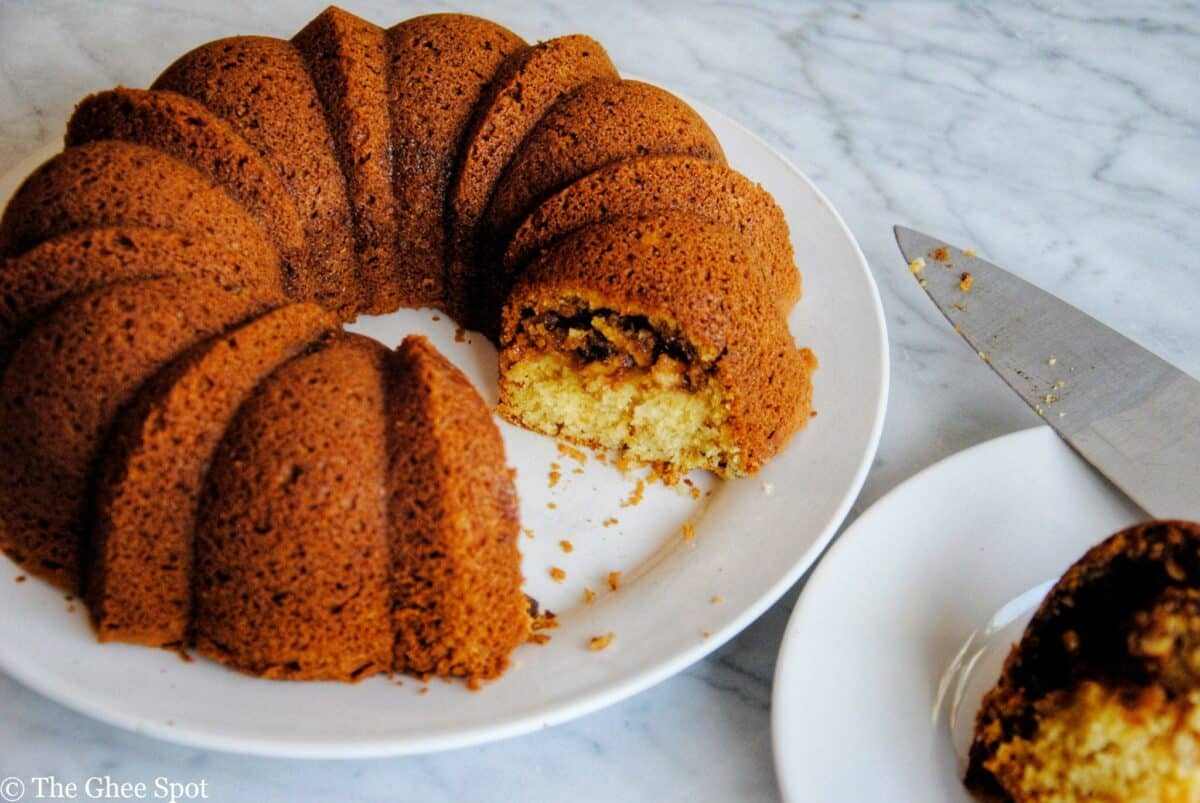 Light, moist, and airy coffee cake with a brown sugar and walnut filling.