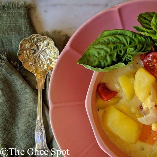 A light corn, bell pepper, and potato chowder perfect winter or summer.