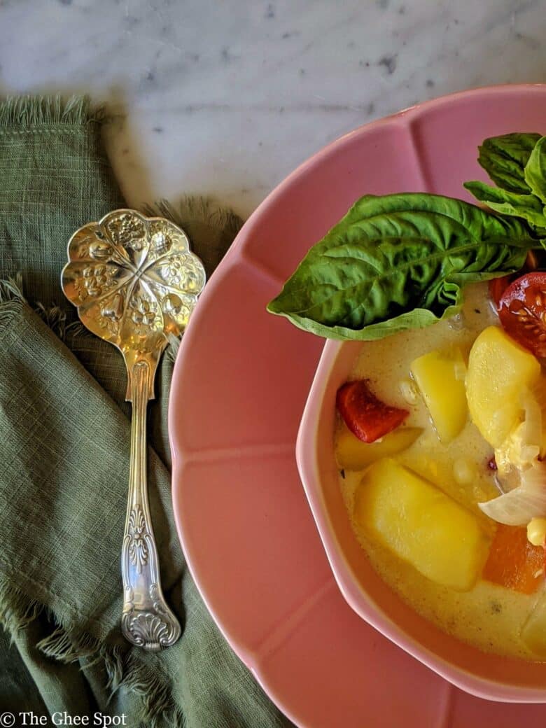 A light corn, bell pepper, and potato chowder perfect winter or summer.