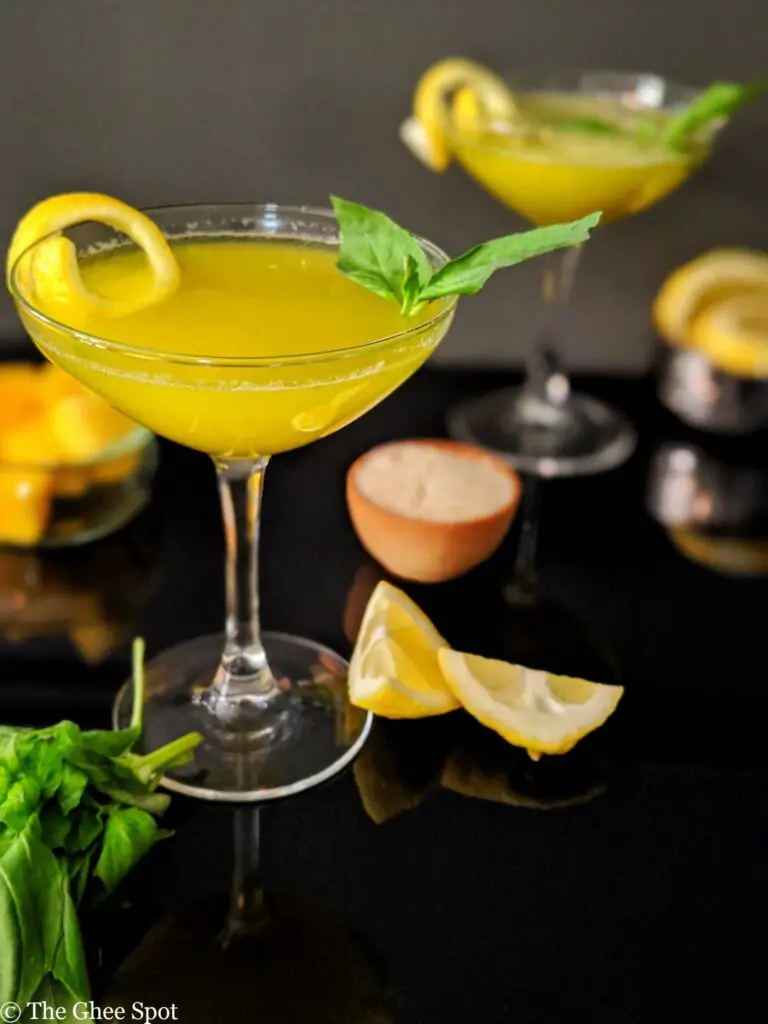 A delicious pinapple basil lemonade base serve for this booze back cocktail