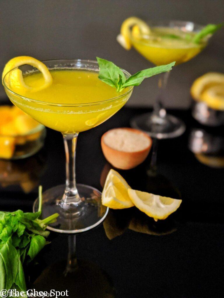 A delicious pinapple basil lemonade base serve for this booze back cocktail