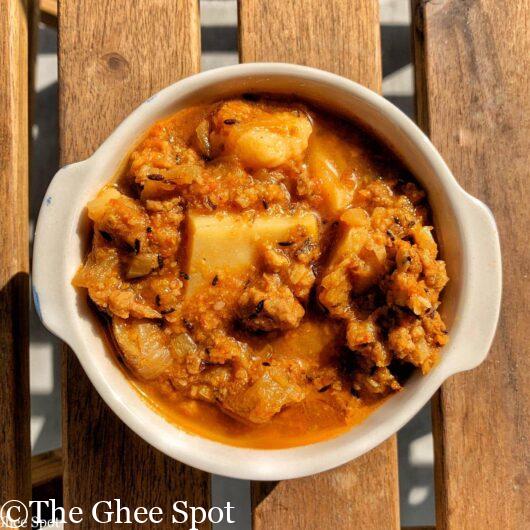 Savory spicy Amritsari wadi with aloo in gravy.