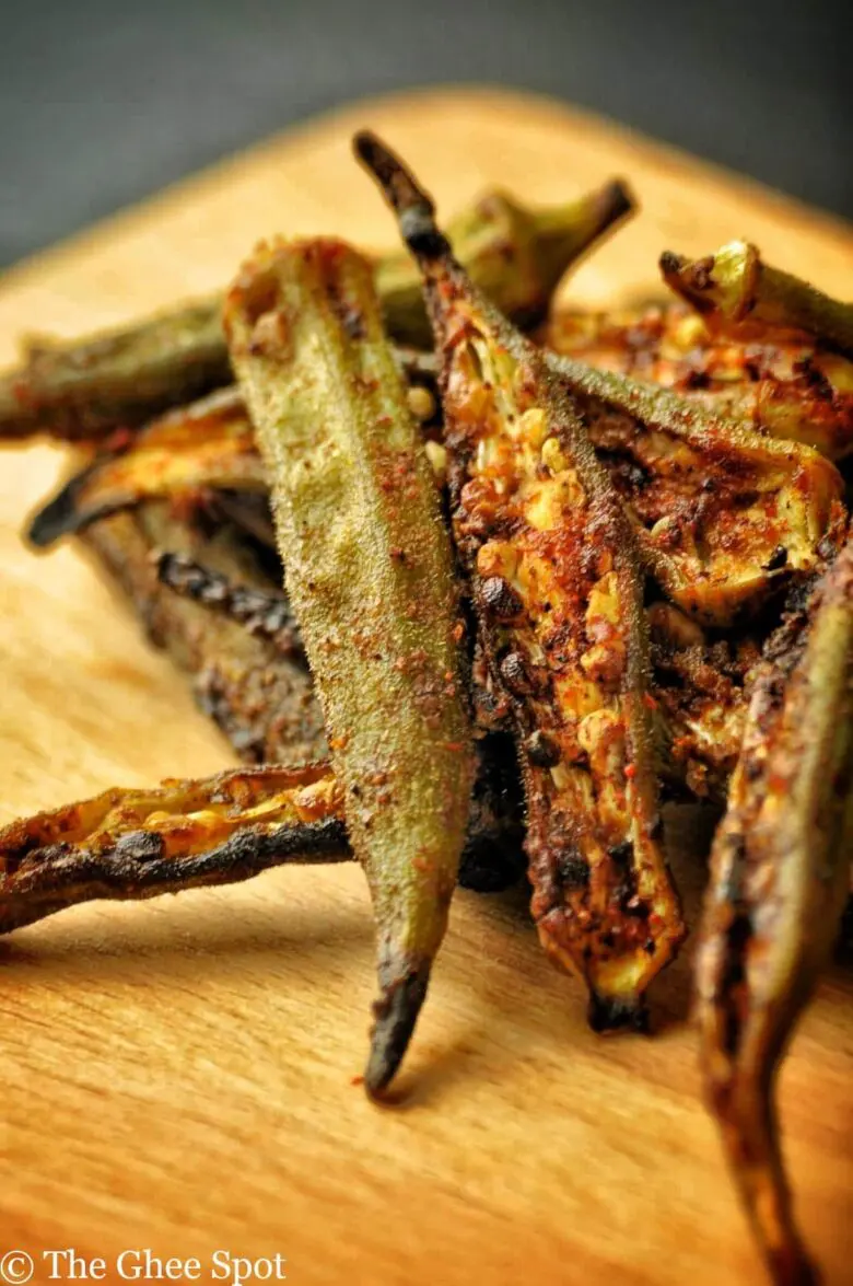 Crispy fired okra chips covered in traditional Punjabi Spices
