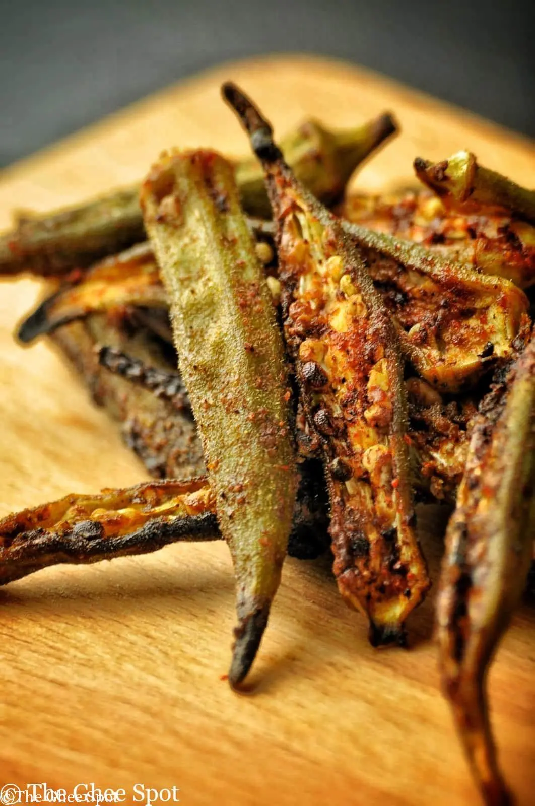 Crispy fired okra chips covered in traditional Punjabi Spices