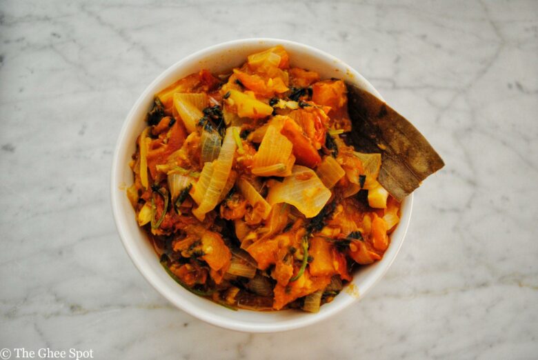 Spicy stewed tomatoes with onion, cilantro, and peppers into a delicious tamatar sabji