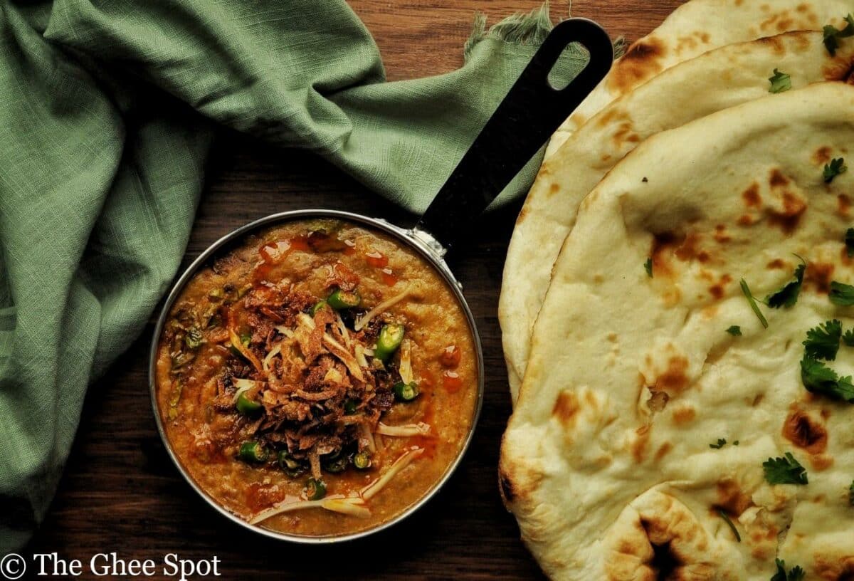 Haleem is slow cooked lentils, beef, and wheat, with spices, herbs, and vegetables.