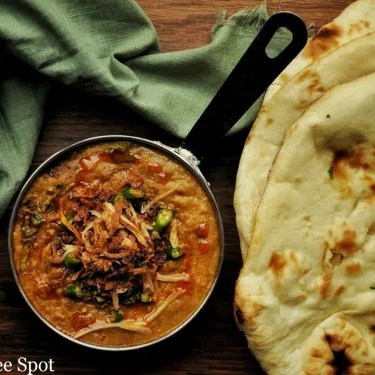 Haleem is slow cooked lentils, beef, and wheat, with spices, herbs, and vegetables.