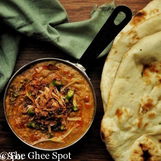Haleem is slow cooked lentils, beef, and wheat, with spices, herbs, and vegetables.