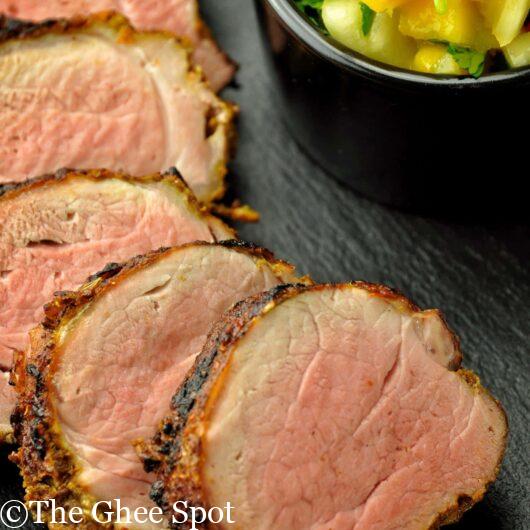 Sous vide masala crusted pork tenderloin with mango scotch bonnet salsa