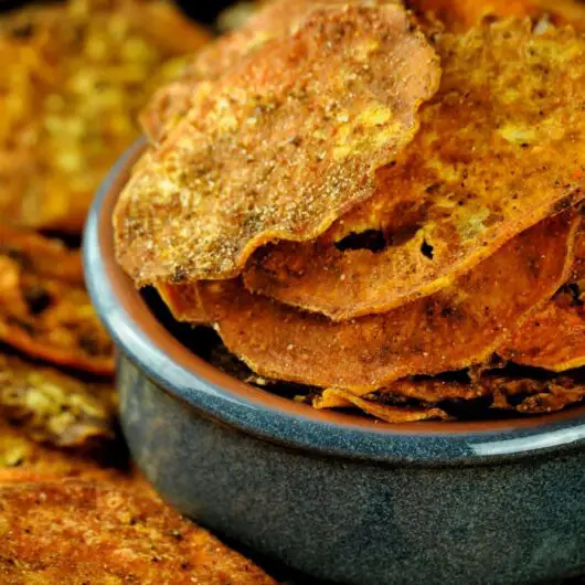 Crispy, savory, sweet, and tangy air fried sweet potato chips