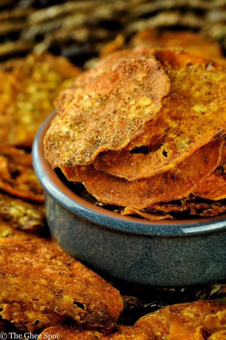 Crispy, savory, sweet, and tangy air fried sweet potato chips