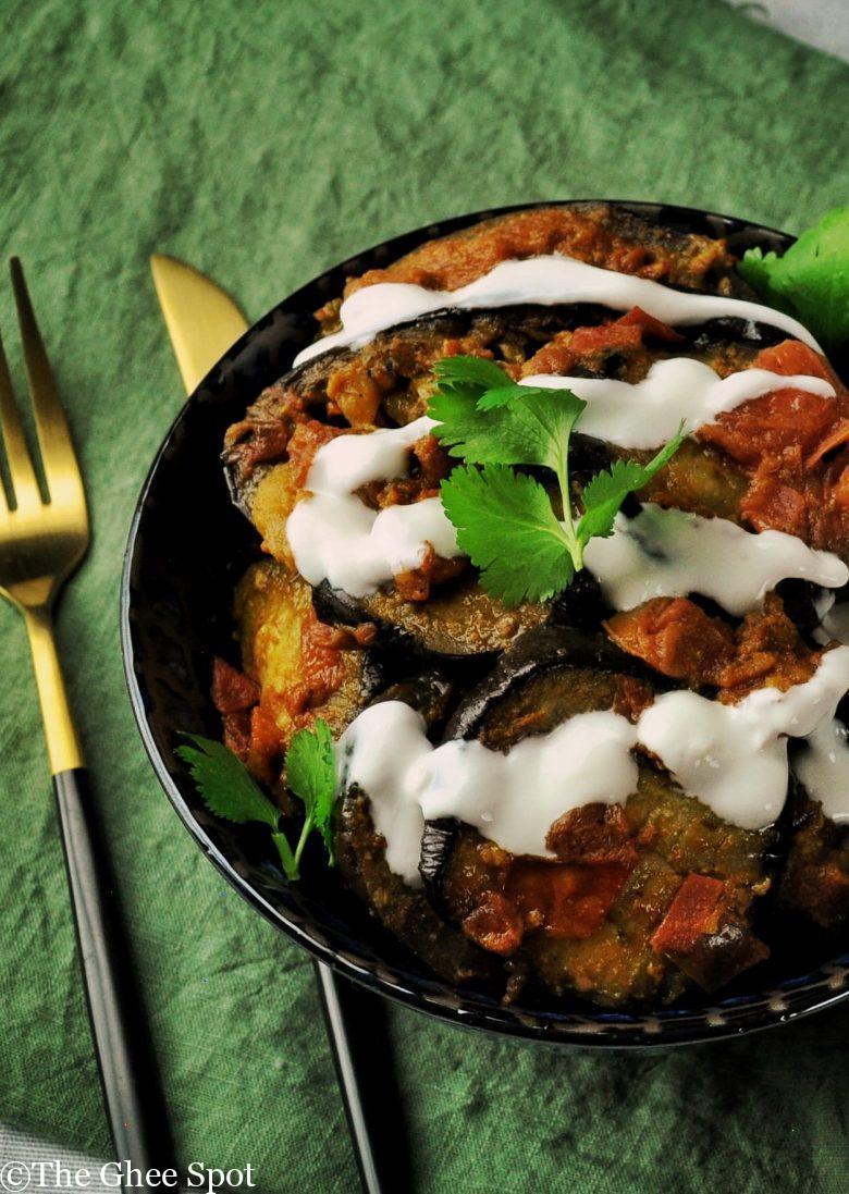 Savory stewed eggplant with tomatoes, garlic, and spices.