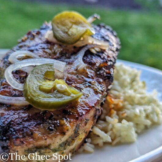 Fusion Punjabi grilled pork chops. Marinated in garlic, jalapenos, and rice vinegar.