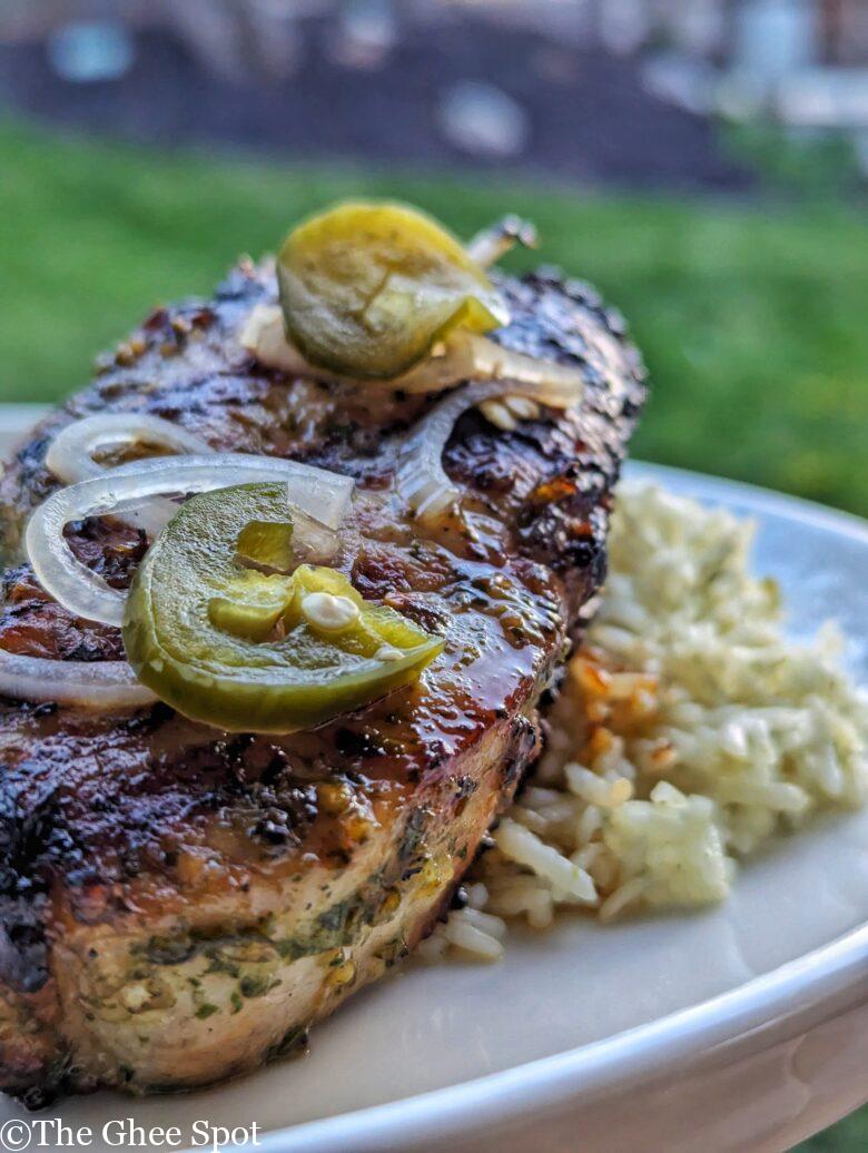 Fusion Punjabi grilled pork chops. Marinated in garlic, jalapenos, and rice vinegar.