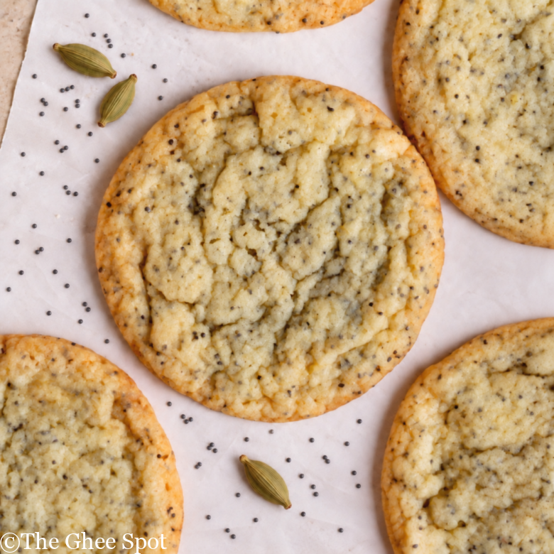 Chewy, soft, delicious cardamom poppy seed biscuits with a hint of orange.